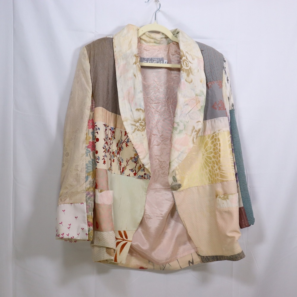 Grau Patchwork Blazer M Multicolor Womens Cottagecore Boho Art DAMAGED
